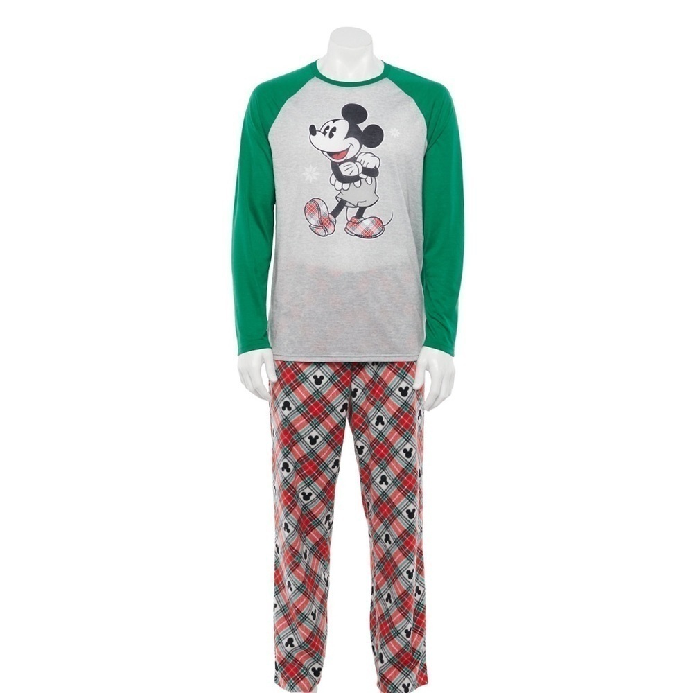 🆕 Men’s Disney 2 Piece Sleep Set Green Red Gray and Black Mickey and Minnie Sz M